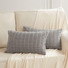 Set of 2 Throw Pillow Covers Only 20x12 linear plush gray blocks soft lumbar NEW