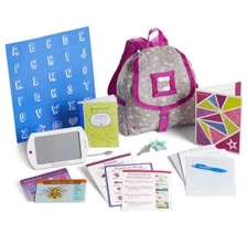 New American Girl School Backpack Set~Pink Grey~'tablet'~key~notebook~supplies