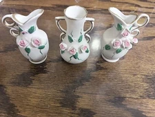 Vintage Bisque Porcelain Bud Vase Pitcher Set Of 3 Roses 3.5” Tall