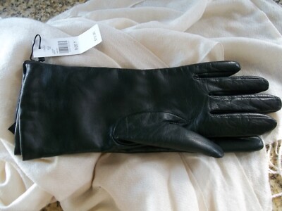 NWT LORD & TAYLOR BLACK LEATHER GLOVES SIZE 7 CASHMERE LINED