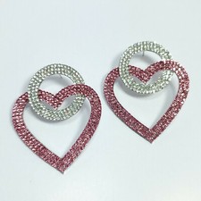 E0141 Silver Tone Clear Pink Rhinestones Love Heart Valentine Drop Post Earrings