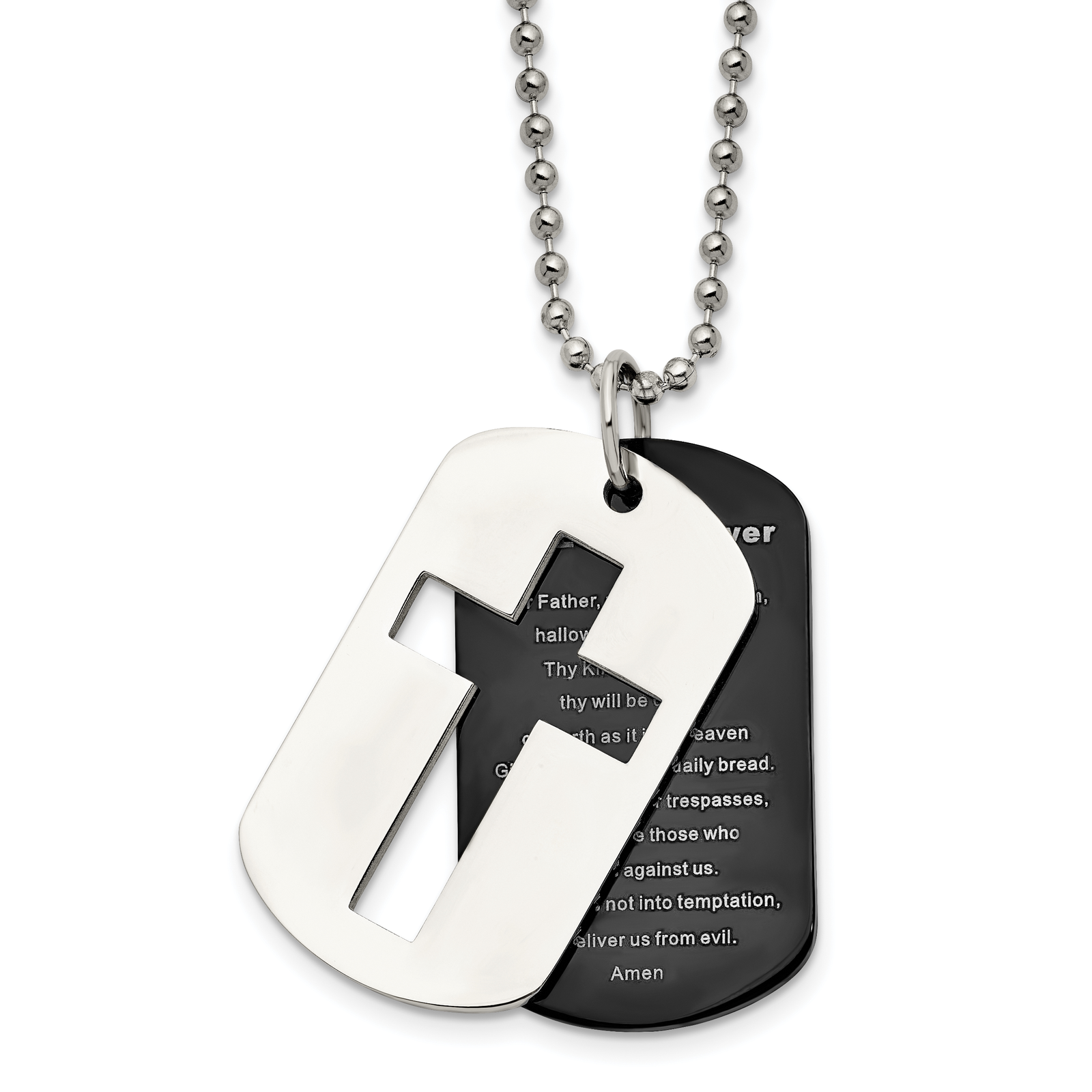 Chisel Stnls Steel Black 2 Piece Lords Prayer Dog Tag Ball Chain Necklace 24