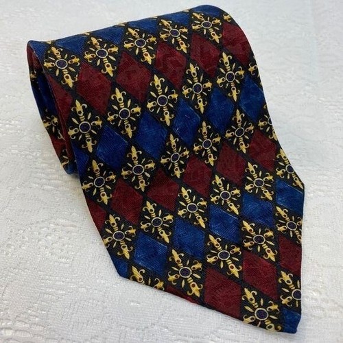 Pertini Men’s Silk Tie Geometric Fleur-De-Lis Pattern Red Blue Tan Colors