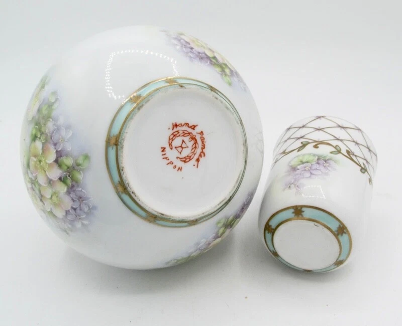 Jarra y taza de noche de porcelana rosa y púrpura floral con celosía dorada Foto 4 de 4