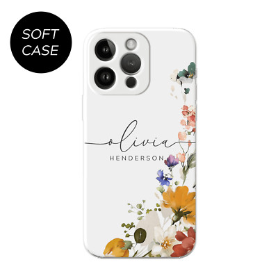 Personalisierte Handyhülle für iPhone 15 14 11 12 13 Pro Blumen Name Silikon Cover