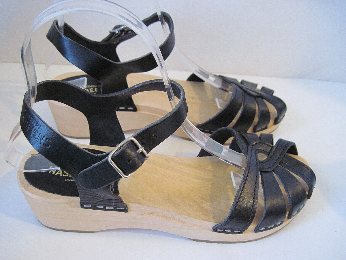 SWEDISH HASBEENS Magdalena Black Leather Clogs Strappy  display picture 1