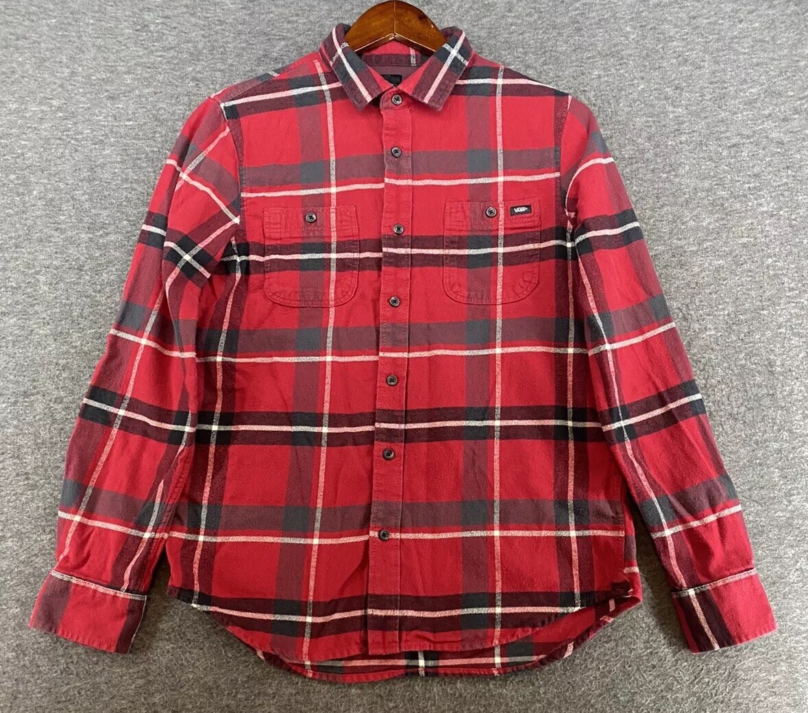 Vans Flannel Button Up Long Sleeve Plaid Shirt Black Blue Boys