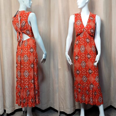 M&S Printed V-Neck MIDAXI Open Back DRESS ~ Size 18 ~ RED ORANGE Mix