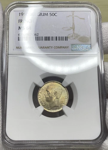 Belgium 1910 50 Centimes Silver Coin in French BELGES Choice BU NGC MS64 Top Pop