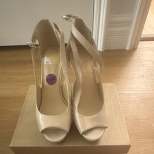 Nine West Beige Patent Leather Platform Peep Toe Stiletto Heels Ankle Strap