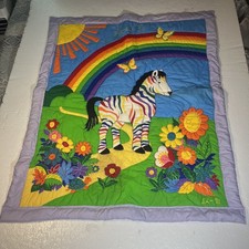 Vtg Quilt Zebra Rainbow Nursery Crib Baby Hand Sewn Dots Pride Blanket