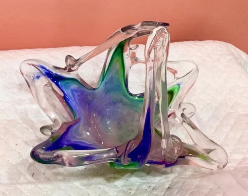 Vintage Murano Venetian Multicolor Pastel Swirl Hand Blown Art Glass Basket Dish