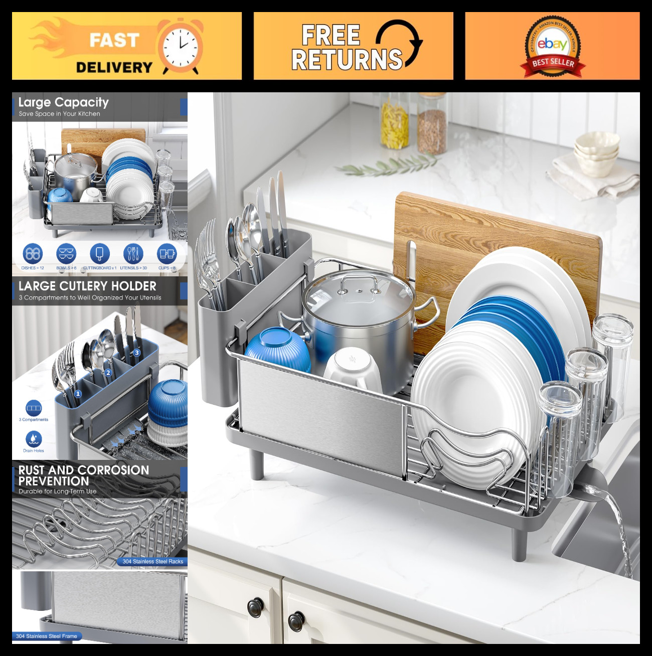 Large Capacity Stainless Steel Dish Drying Rack with Drain Board & Utensil Holde