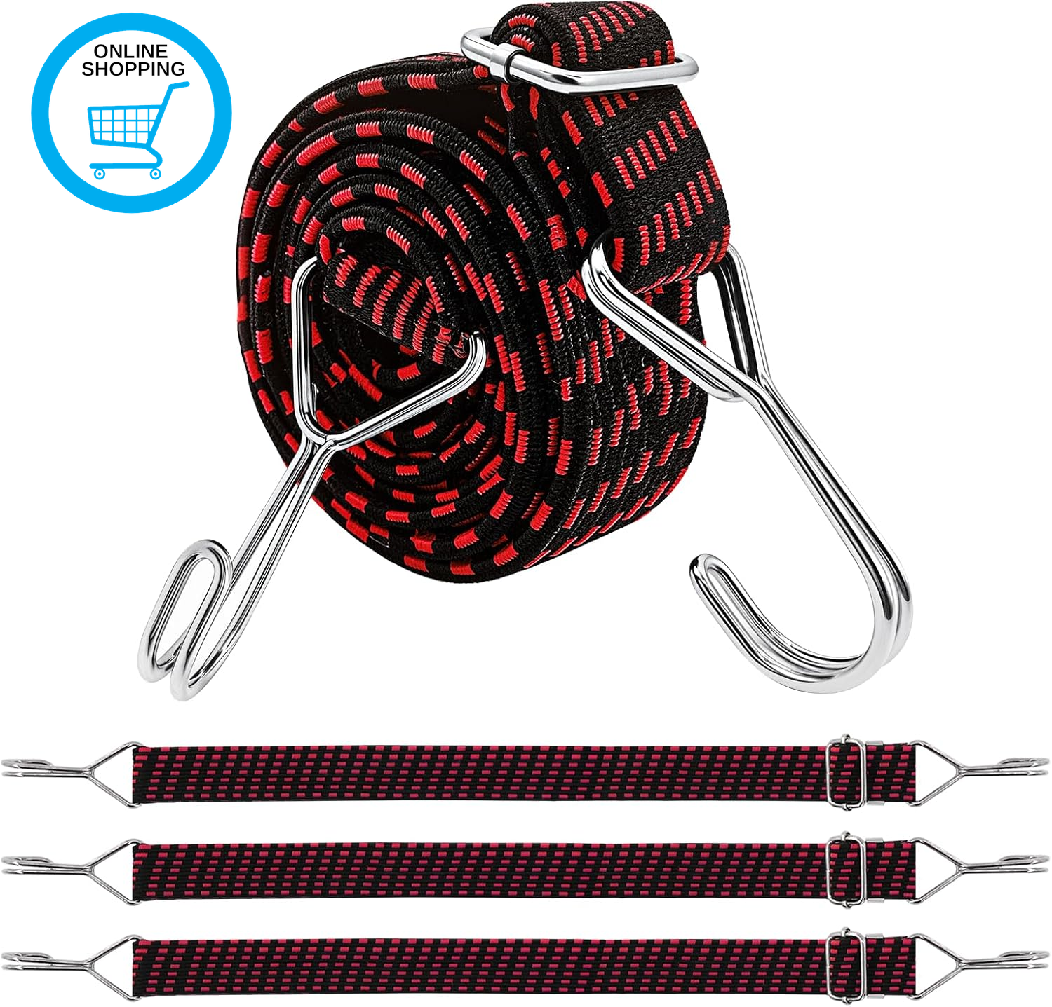Adjustable Bungee Cords with Hooks 1M, Heavy Duty Flat Bungee Cords Elastic Stra