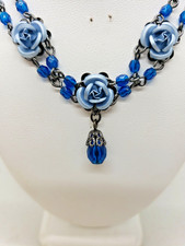 Vintage Avon Blue Anodized Metal Rose Festoon Blue Glass Gunmetal Grey Necklace Vintage Avon Blue Anodized Metal Rose Festoon Blue Glass Gunmetal Grey Necklace