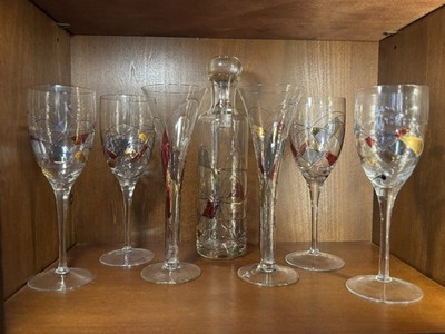 Crystal decanter/wine glass set, stained glass mosaic design, Fostoria Galleria