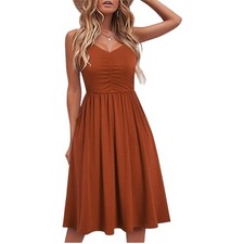 NWT Yathon Rust Brown A-Line Midi Sundress w/ Pockets Spaghetti Strap Size Small