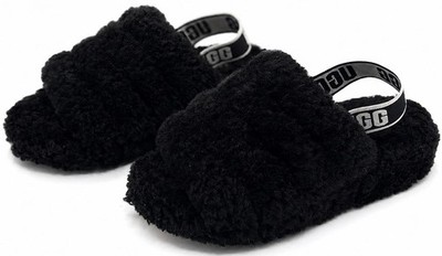 UGG Fluff Yeah Slide Women's Size 6 Black Sheepskin Platform Sandals 1095119