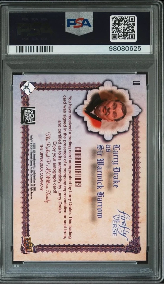 2015 UPPER DECK FIREFLY LARRY DRAKE AUTO “DARK NIGHT OF THE SCARECROW” PSA 10 - Image 2 of 2
