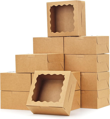 15Pcs Cookie Boxes with Window, 6X6X3In Brown Bakery Boxes for Treats, Small Cak