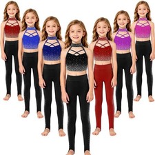 Kids Girls Tracksuit Sparkling Outfit Rhinestone Set Biking Costume Exercise