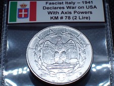 Beautiful Fascist Italy WW2 *1941* Coin 2 Lire Steel, War vs USA Year KM 78