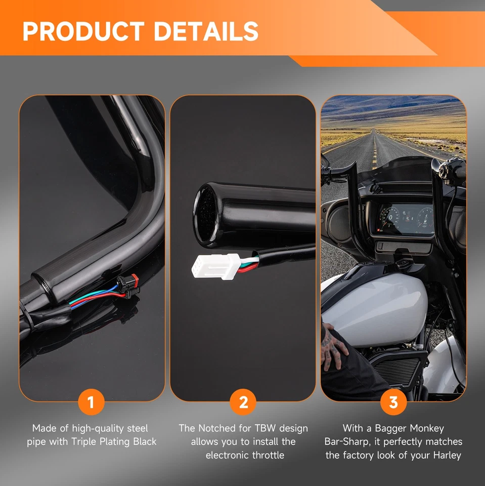 Manillar Meathook de elevación 1-1/4" precableado 10" 12" 14" para Harley Touring 14-2025 Foto 4 de 4