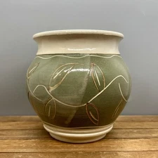 Studio Art Carved Stoneware Pottery Flower Pot Planter Green - Signed Pellerin