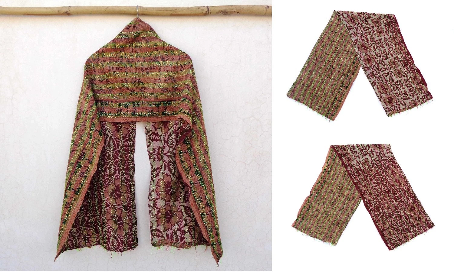 Silk Kantha Scarf Head Wrap Stole Dupatta Stitched Embroidered Scarf Veil Boho