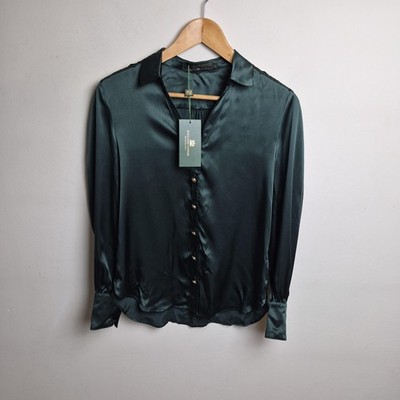 Holland Cooper Hemd Damen 10 Grün Seide Bluse V-Ausschnitt Smaragd Knöpfe Top