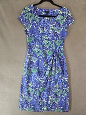 Talbots Womens Small Midi Dress Wrap Blue Green Floral Cap Sleeve Stretch Scoop