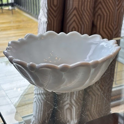 Vintage Indiana Glass White Milk Glass Footed Leaf Bowl 1960s 3.25” T, 9” D