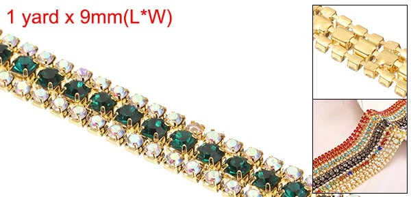 Cadena de diamantes de imitación de 1 yarda y 3 filas AB y diamantes de imitación verde oscuro con base dorada Foto 2 de 4