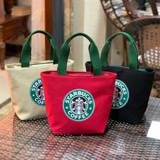Starbucks Coffee Mini Canvas Tote Bag Portable Zippered Handbag Red Beige Black