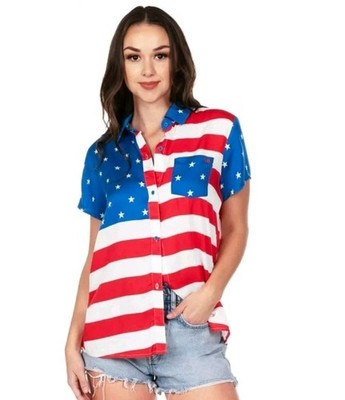 NWT Tipsy Elves UNISEX 4X American Flag Button Down Shirt Red White Blue 