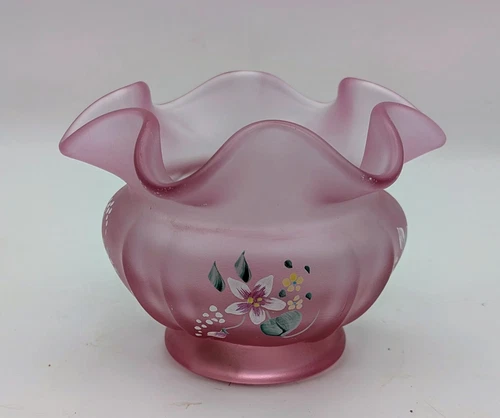 Fenton Empress Rose Satin Ruffled Bowl Hand Painted Signed A. Russell 5.5”