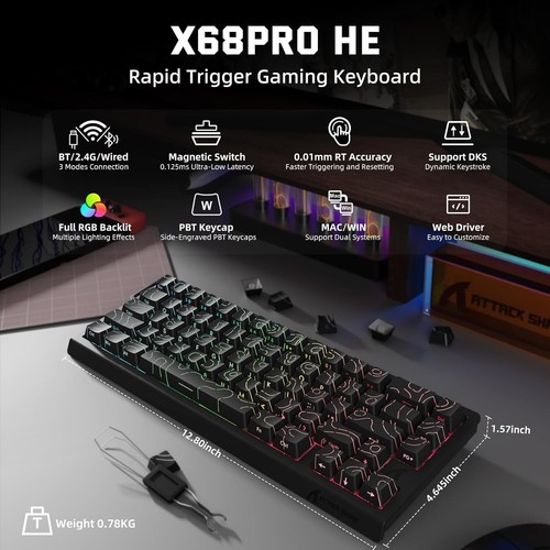 ATTACK SHARK X68PRO Tri-Mode Rapid Trigger Wireless Keyboard, 0.01mm RT 8KHz - Picture 4 of 42