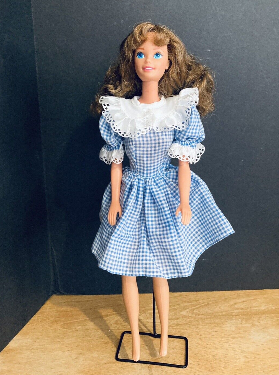 Barbie Debbie Dress Blue White Gingham Check Lace Trim, Apron, Straw Hat  MINT