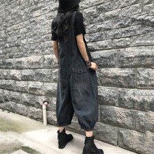 Women Jeans Overalls Harem Wide Leg Denim Bib Pockets Jumpsuits Loose Retro