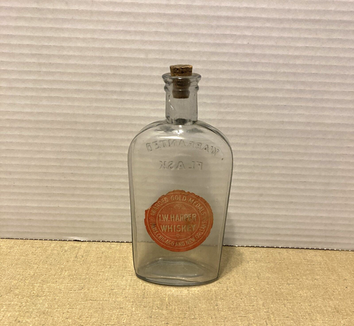 Antique I W Harper Whiskey Warranted Strap Side Flask Bottle Paper ...