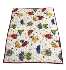 Vtg Quilted Baby Blanket Crib Girls Umbrella Rainy Day Floral Yellow Blue Red