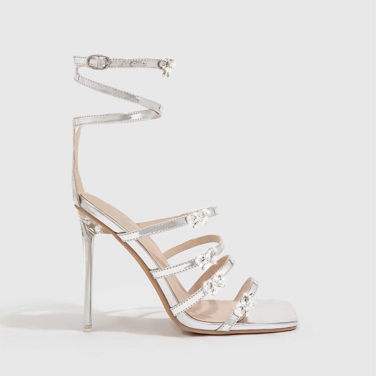 Women's Rhinestone Strap Square Toe Transparent Summer Heel Sandals