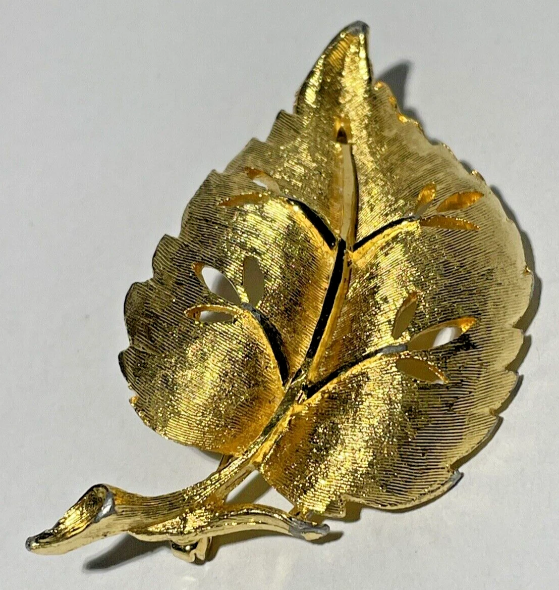Vintage Leaf Brooch Pin Gold Tone Textured Cut Out Signed BSK 1.5