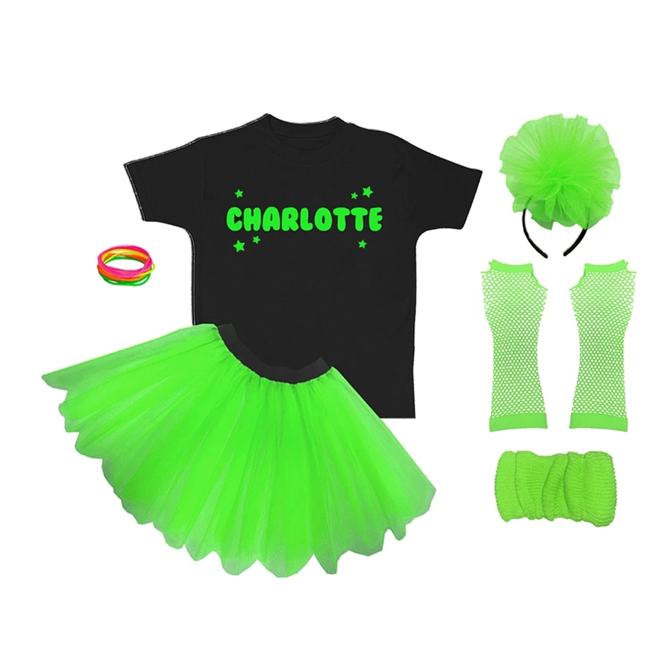 Kids 80s Fancy Dress  Neon Costume Personalise Set Girls 4 - 12 Years Glow Party - Image 3 of 4