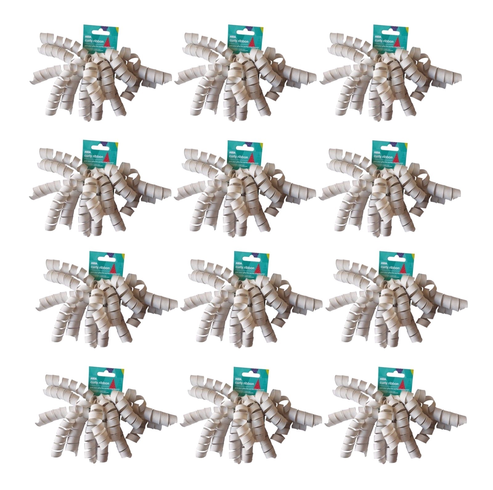12 x Asda Silver Curly Gift Ribbon - Self-Adhesive - Present Wrap Curled Curling