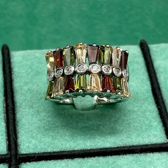 ANELLO DONNA DOPPIA FASCIA DI PIETRE MULTICOLORE BAGUETTE IN ARGENTO 925 LUXURY. - Immagine 3 di 4