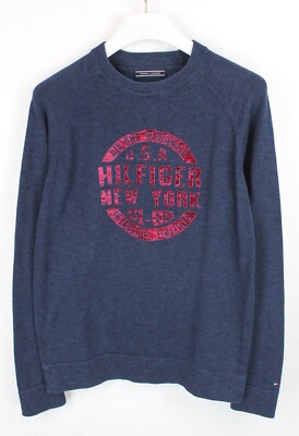 TOMMY HILFIGER Pullover Herren L (LARGE) Gestrickter Rundhals Blau