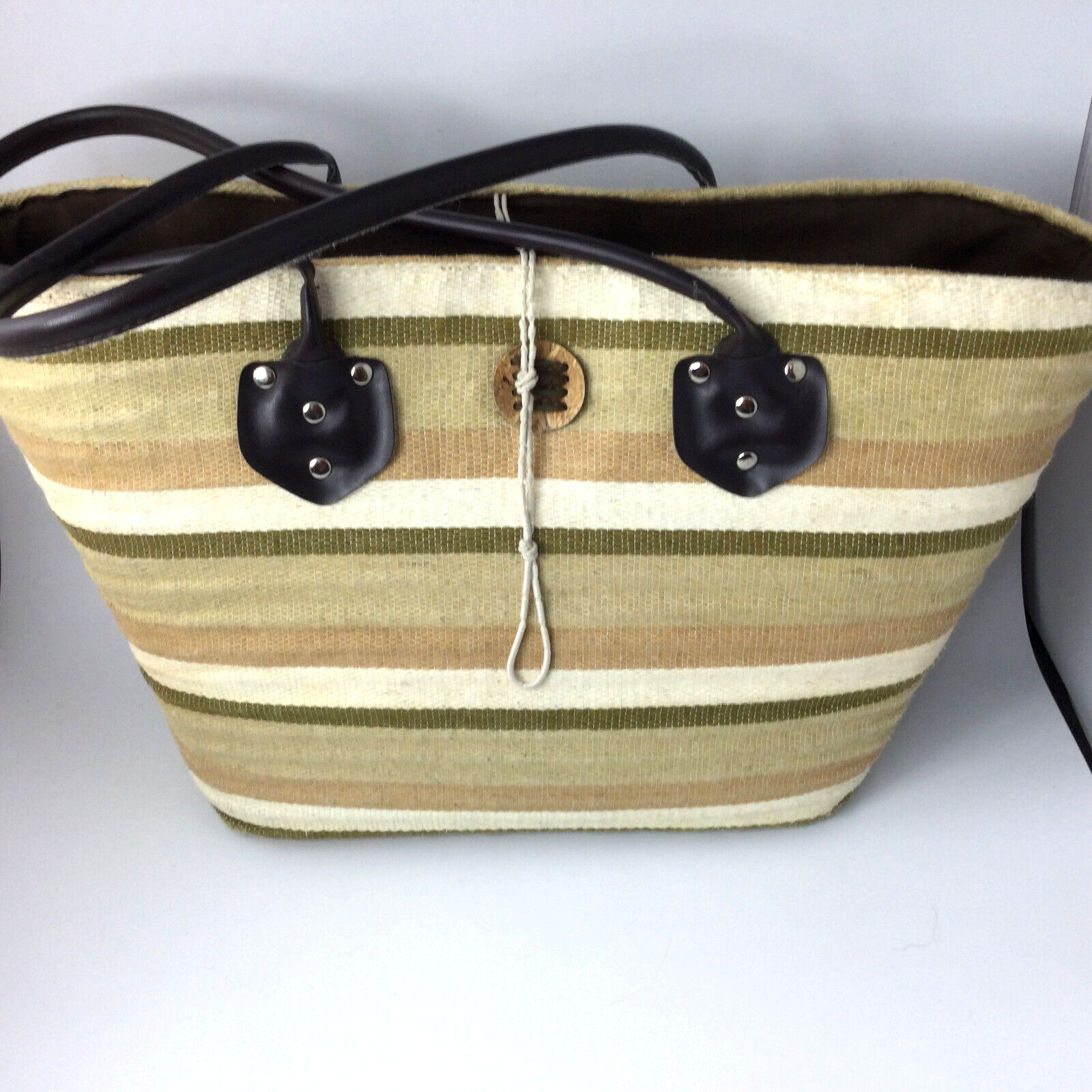 Summer Shoulder Bag Canvas Woven Tote  Basket Handles Green Brown Stripes Beach