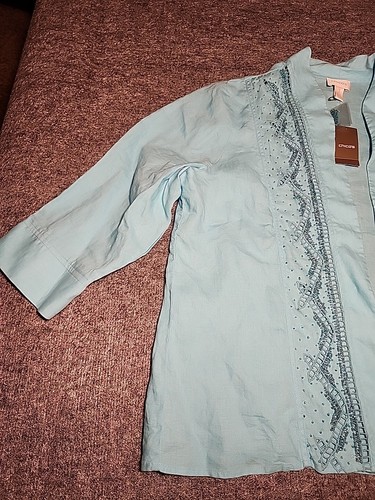 Chicos Jacket Womens 3 Aqua Breeze Beaded Cutout Open Linen Coastal Beach Summer - Picture 3 of 14