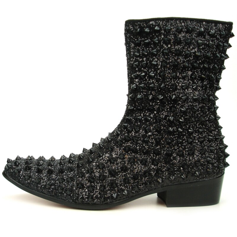 's Fiesso Black Glitter Spikes Pointed Toe Boots With Side Zipper Fi 7504